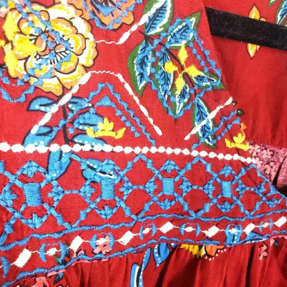Women's Beach Lunch Lounge Boho Floral Embroidered Pop Over Top Size small - Picture 11 of 11